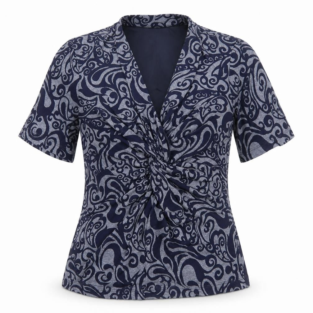 Country Casuals Women's Blue Geometric Wrap Blouse Short Sleeve