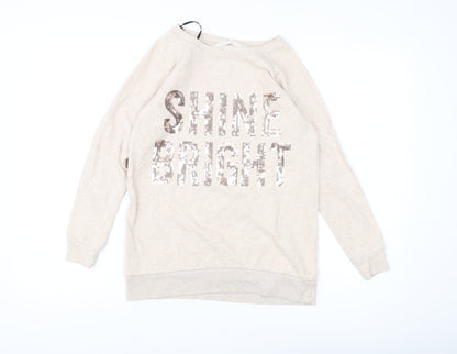 Front view of H&M girls’ beige sequin shine bright sweatshirt 18 plus pullover