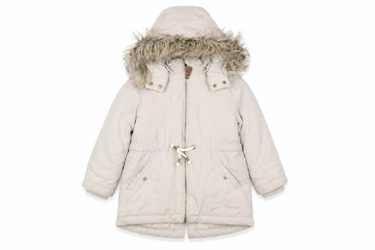 Front view of L.O.G.G. girls’ beige parka 3-4 years with faux fur hood