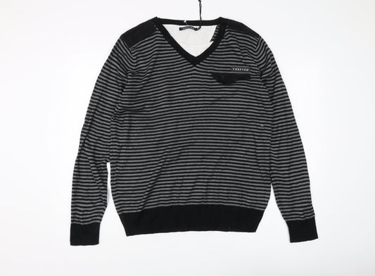 Crafted Men's Black 2XL V-Neck Striped Jumper