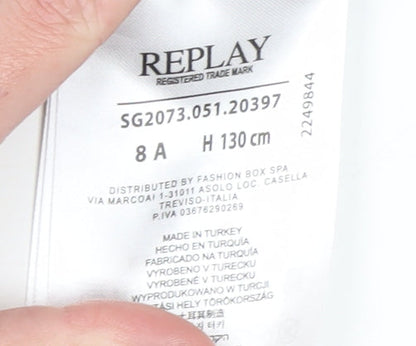 Close-up detail of Replay girls’ grey pullover sweatshirt, size 8y, graphic print