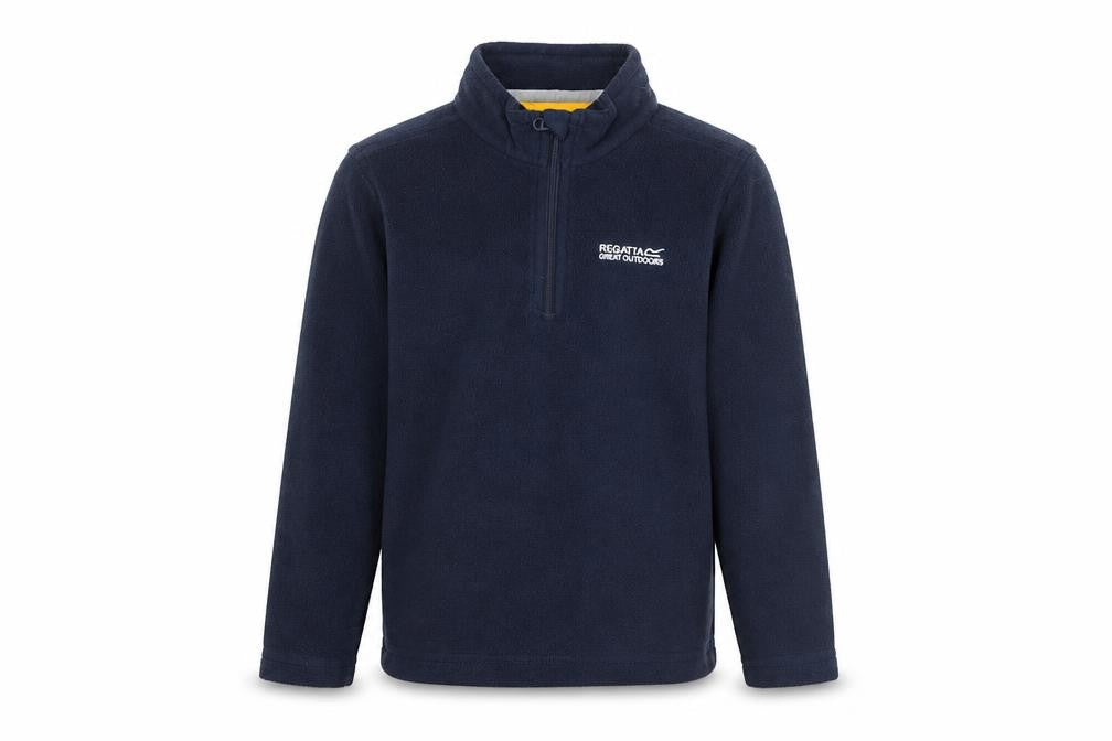 Front view of Regatta boys’ blue 1/4 zip fleece sweatshirt, size 7-8