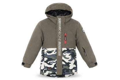 Front view of Surfanic boys’ army camouflage parka 8 years waterproof hooded
