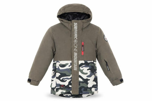 Front view of Surfanic boys’ army camouflage parka 8 years waterproof hooded