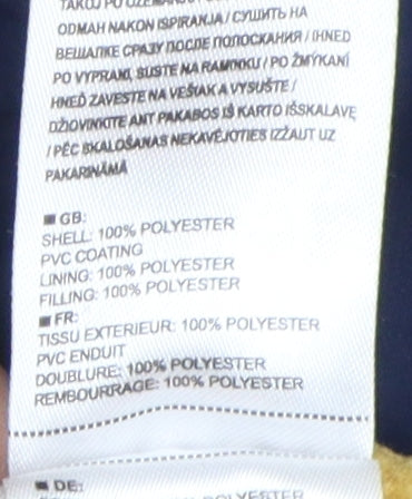 Brand and care label for Trespass boys’ blue rain coat, 9-10y waterproof jacket