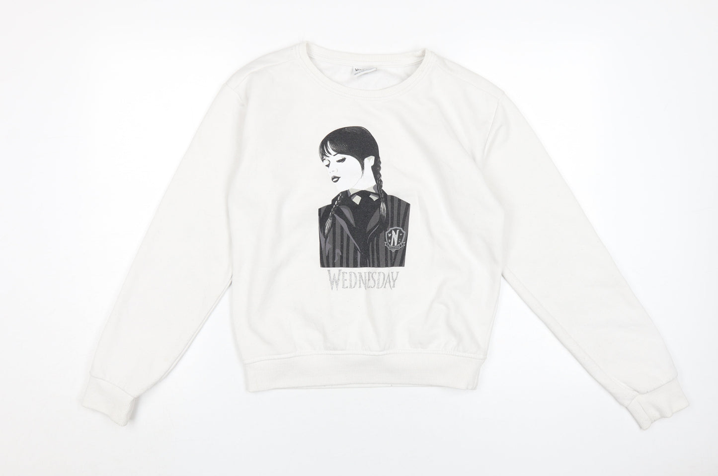 Wednesday Girls White Graphic Pullover Sweatshirt