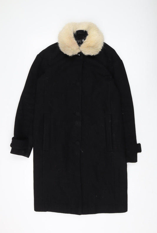 Topshop Women's Black Fur Trim Wool Overcoat Size 6