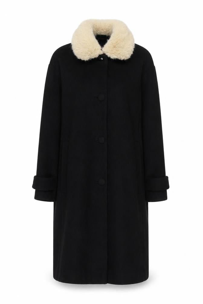 Topshop Women's Black Fur Trim Wool Overcoat Size 6
