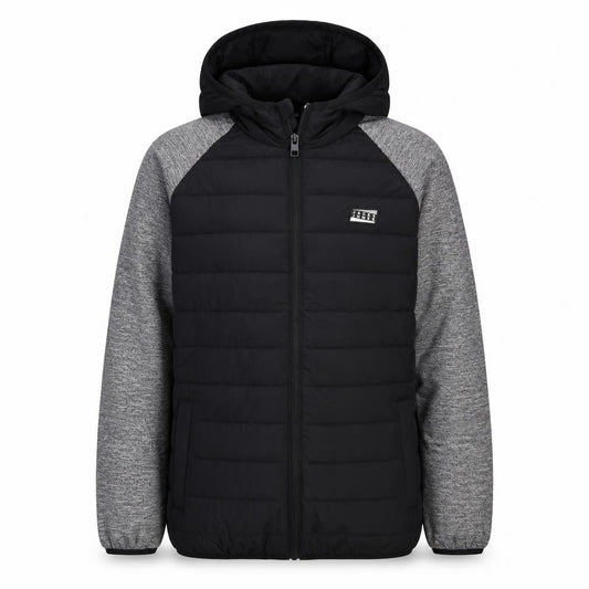 Front view of Jack & Jones boys’ black puffer jacket, size 164
