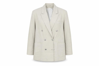 Front view of Canda Women's Beige Double-Breasted Suit Jacket, size 14