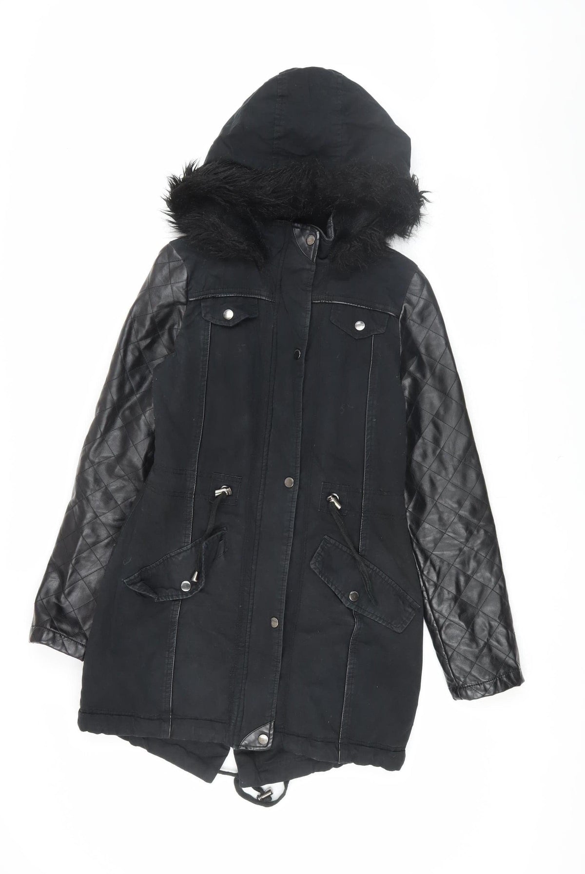 Brave Soul Women's Black Parka Jacket with Fur Trim XS