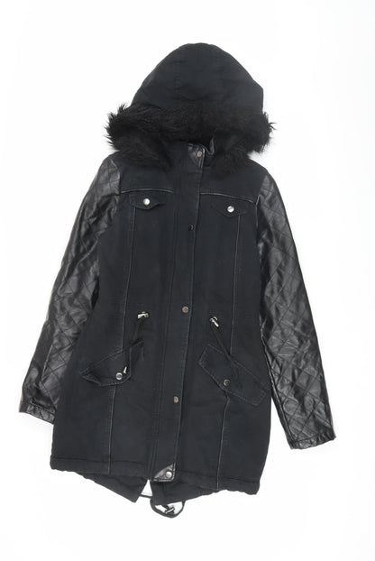 Brave Soul Women's Black Parka Jacket with Fur Trim XS