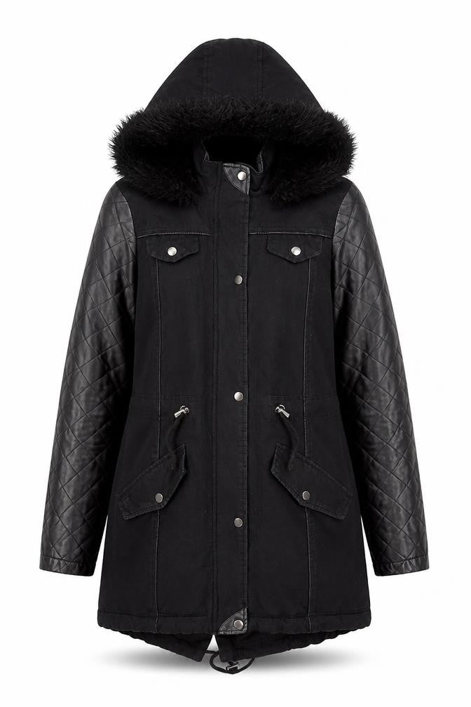 Brave Soul Women's Black Parka Jacket with Fur Trim XS
