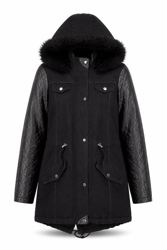 Brave Soul Women's Black Parka Jacket with Fur Trim XS