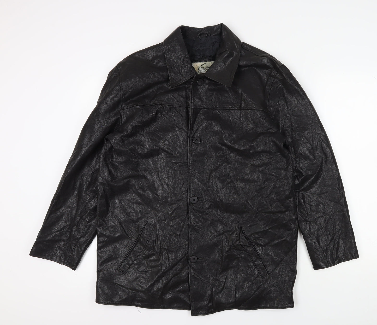 Men's Black Faux Leather Mid-Length Overcoat, M
