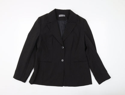 Additional front view of Amaranto Women's Black Pinstripe Suit Jacket, size 16