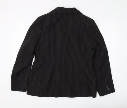 Back view of Amaranto Women's Black Pinstripe Suit Jacket, size 16