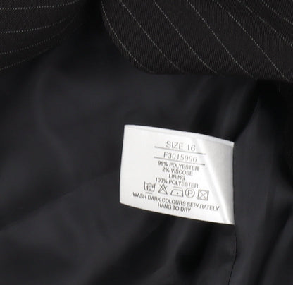 Close-up detail of Amaranto Women's Black Pinstripe Suit Jacket, size 16