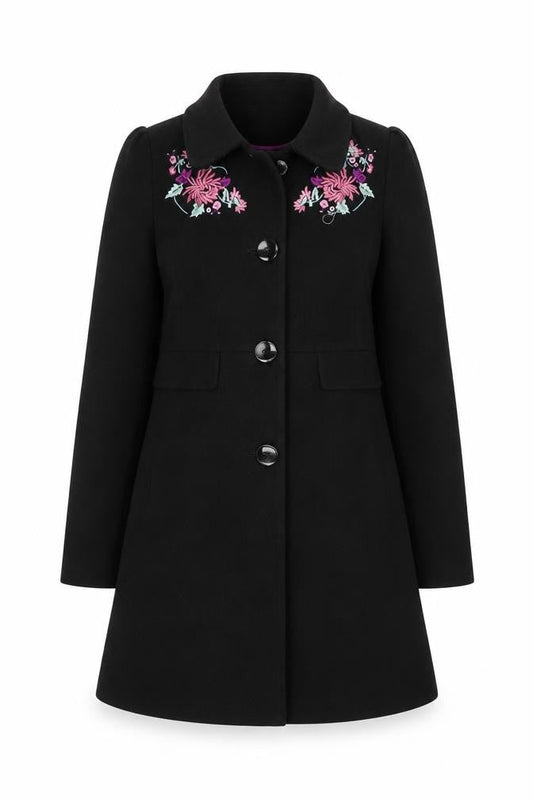 Front view of Red Herring Women's Black Wool Embroidered Coat, size 8