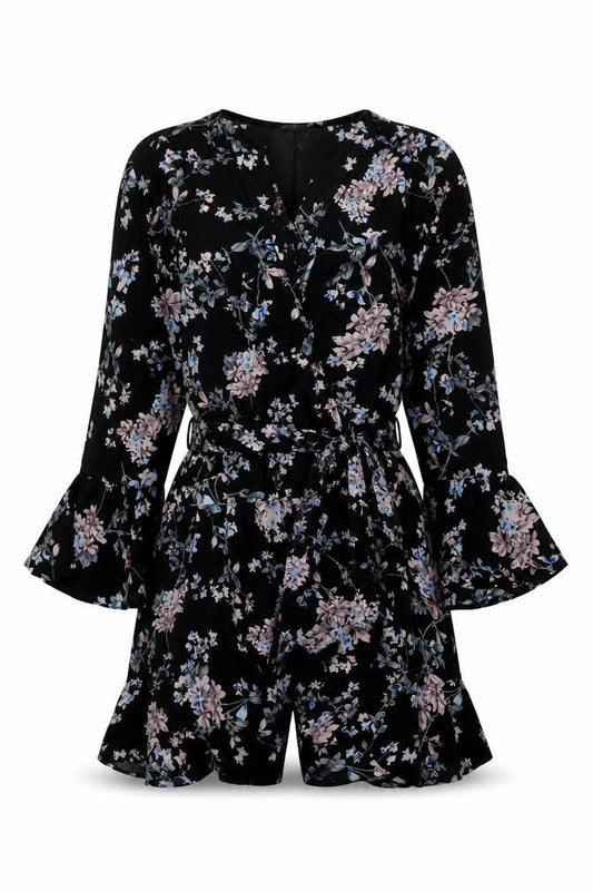 Front view of Miss Selfridge Women's Black Petite Floral Playsuit