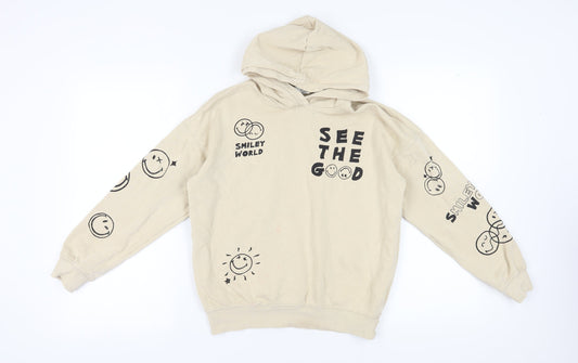 H&M Girls Beige Pullover Hoodie, Graphic Print, 11-12 Years