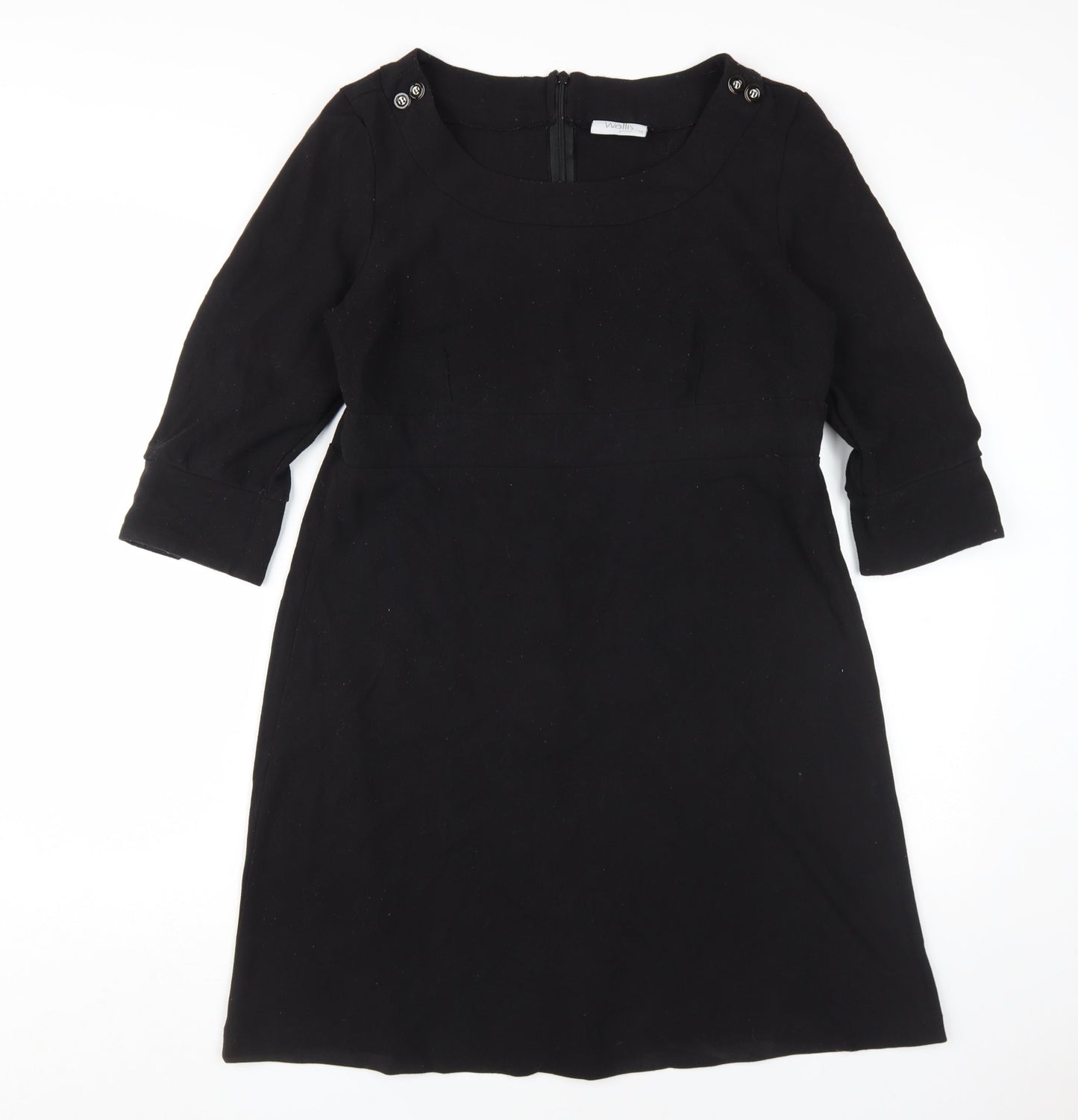 Wallis Women's Black Shift Dress Size 14, 3/4 Sleeve, Button Accents