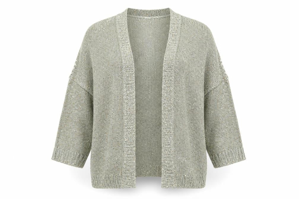 BHS Women's Green Sequin Open-Knit Cardigan, Size 12