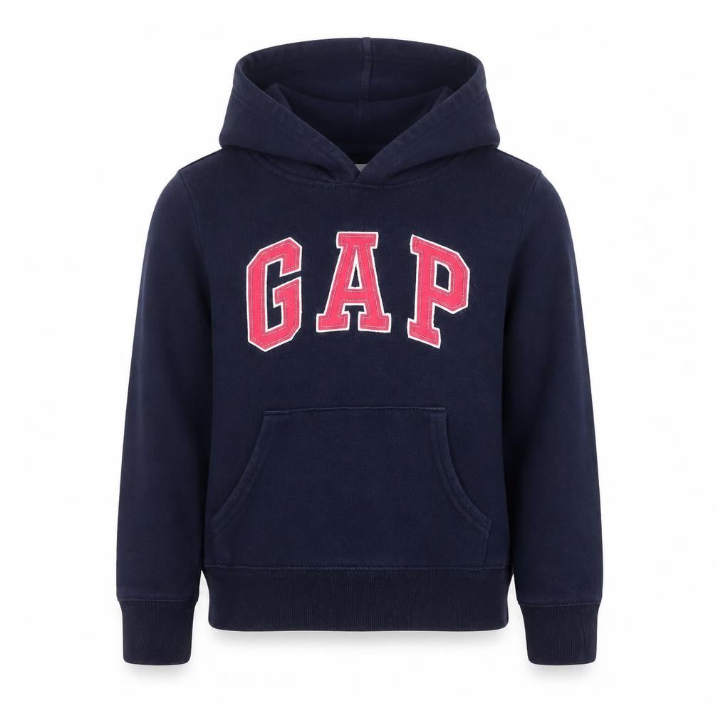 Front view of Gap girls’ blue pullover hoodie, size S, long sleeve casual wear