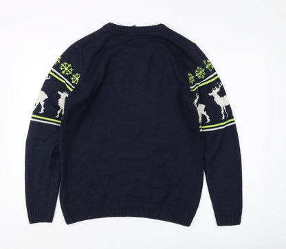 H&M Mens Blue Reindeer Winter Pullover Jumper S