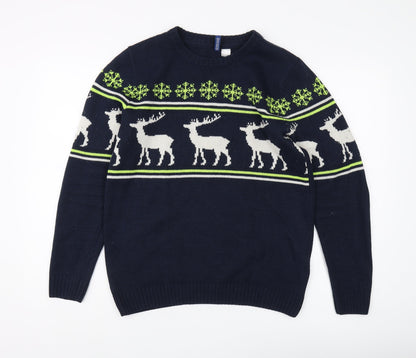 H&M Mens Blue Reindeer Winter Pullover Jumper S