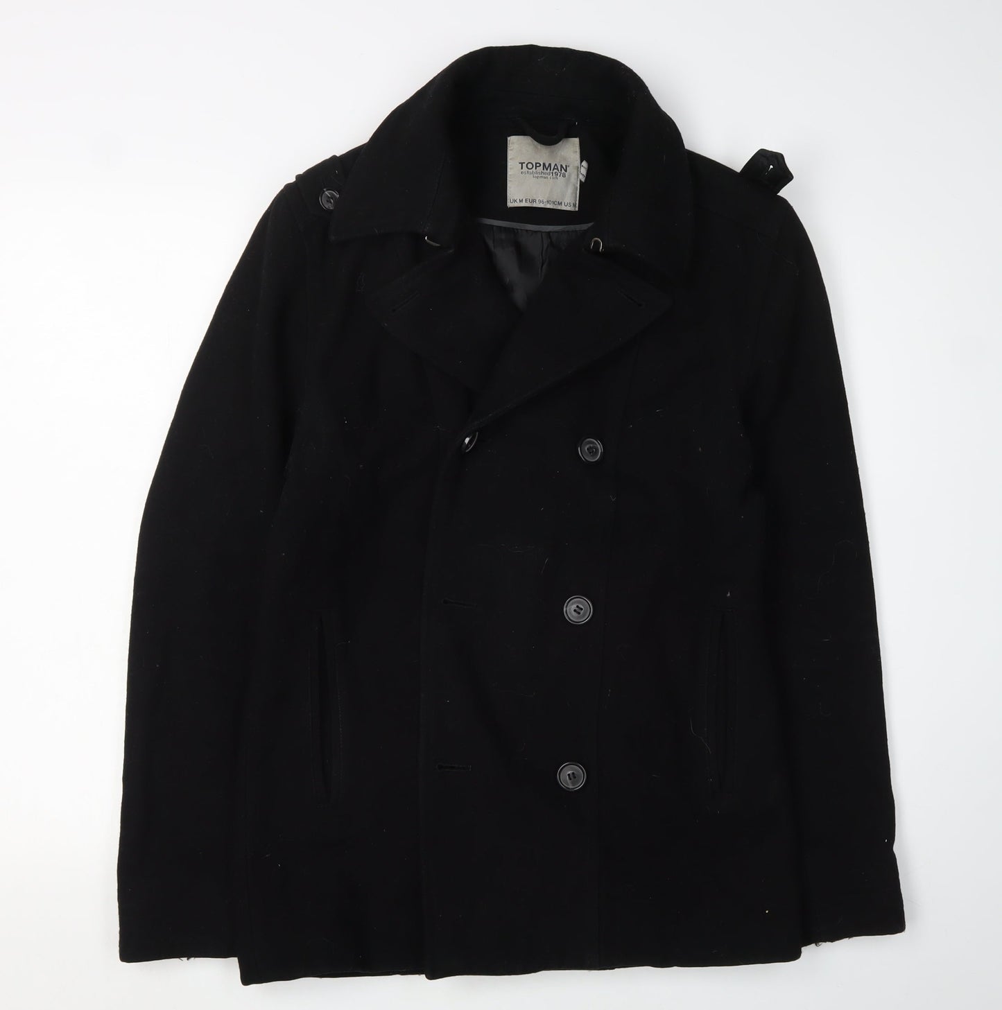 Topman Men's Black Pea Coat M Classic Winter Style