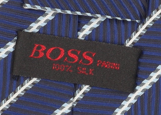BOSS Men's Blue Striped Silk Tie - Handmade