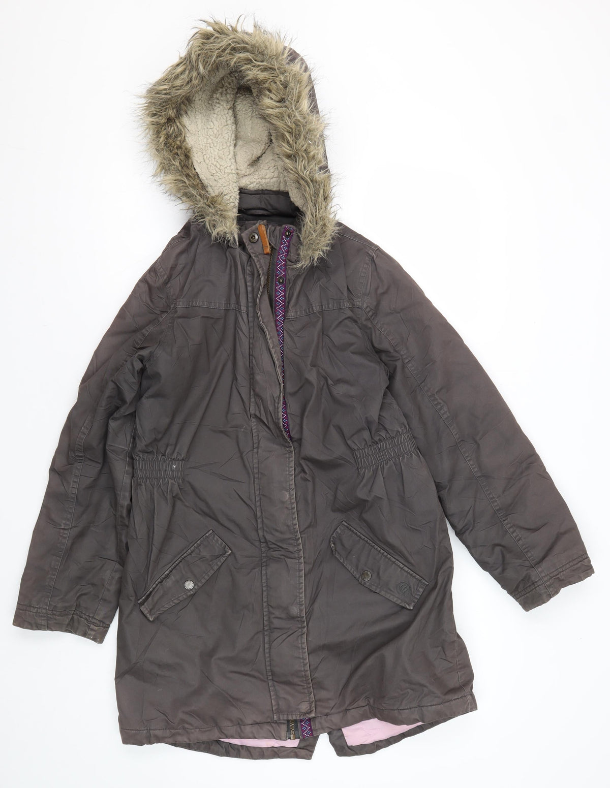 Additional front view of FatFace girls’ grey parka coat 12-13 years fur trim hooded
