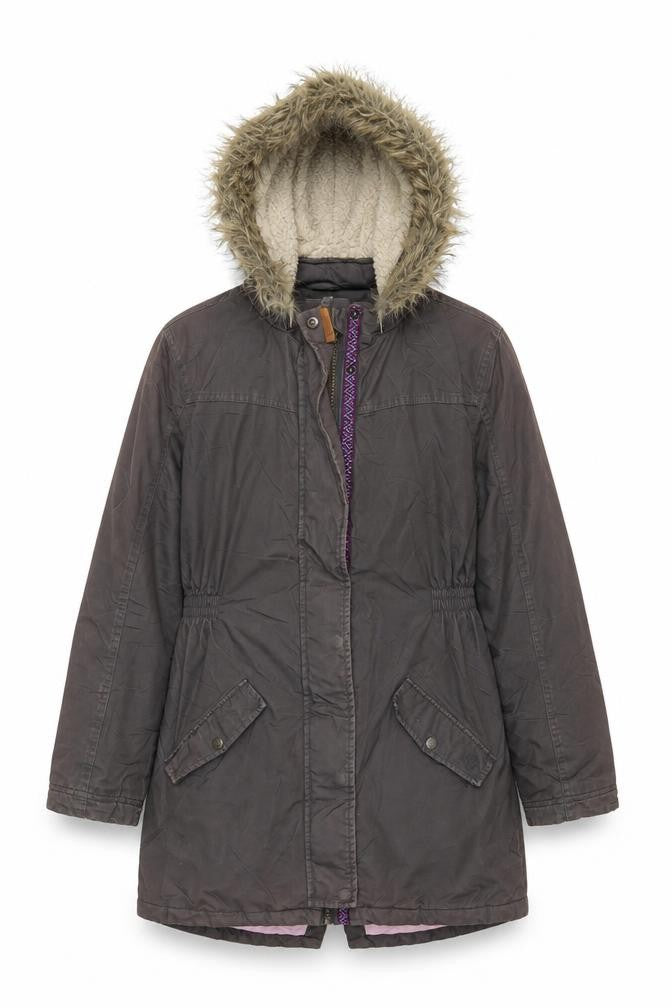 Front view of FatFace girls’ grey parka coat 12-13 years fur trim hooded
