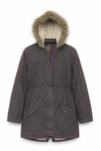 Front view of FatFace girls’ grey parka coat 12-13 years fur trim hooded