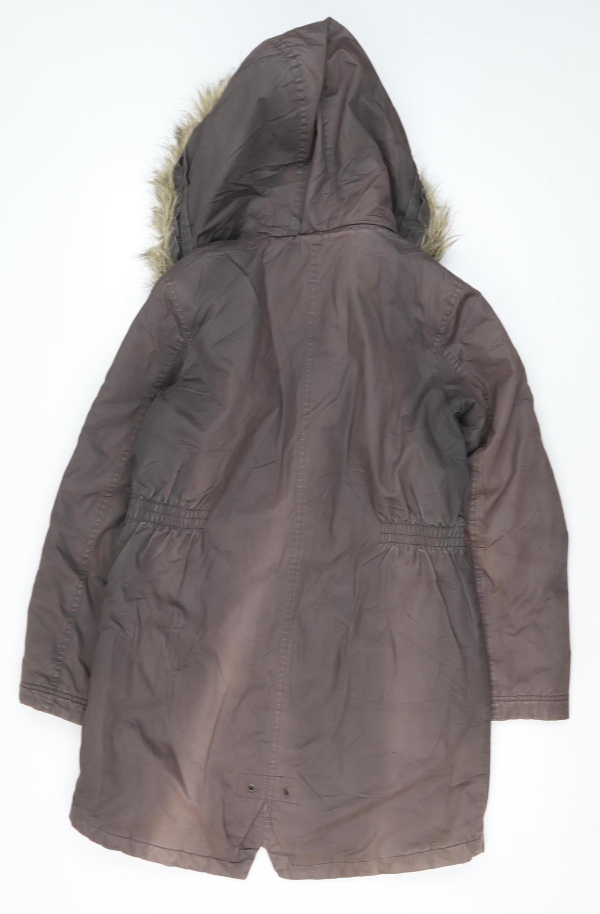 Back view of FatFace girls’ grey parka coat 12-13 years fur trim hooded