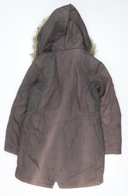 Back view of FatFace girls’ grey parka coat 12-13 years fur trim hooded