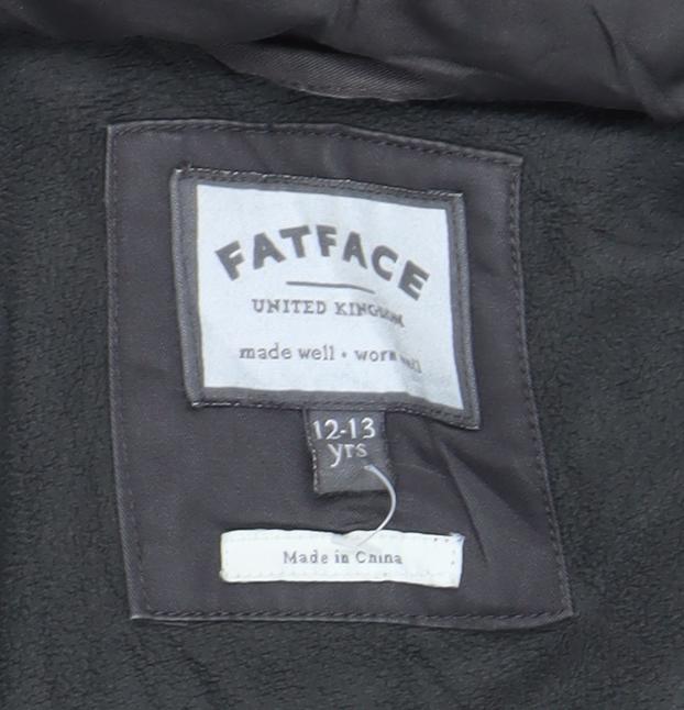 Close-up detail of FatFace girls’ grey parka coat 12-13 years fur trim hooded