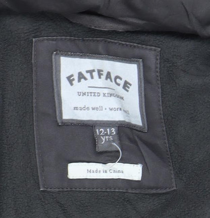 Close-up detail of FatFace girls’ grey parka coat 12-13 years fur trim hooded