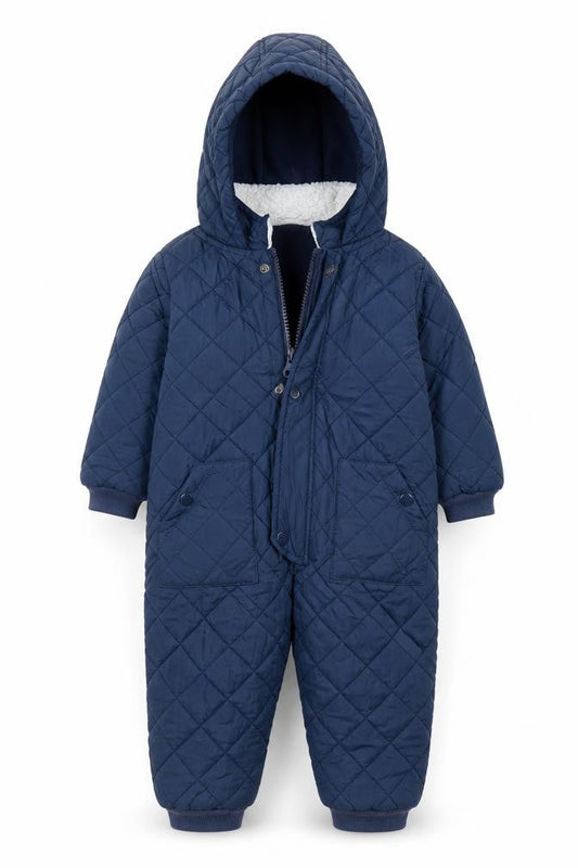 Front view of La Redoute boys’ blue quilted hooded snowsuit 2 years