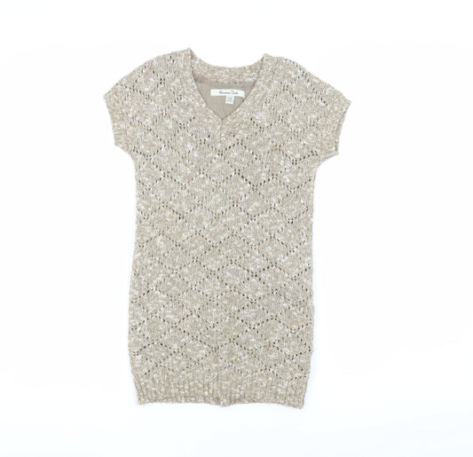 Massimo Dutti Girls Beige Argyle Knit Dress V-Neck 5-6 Years