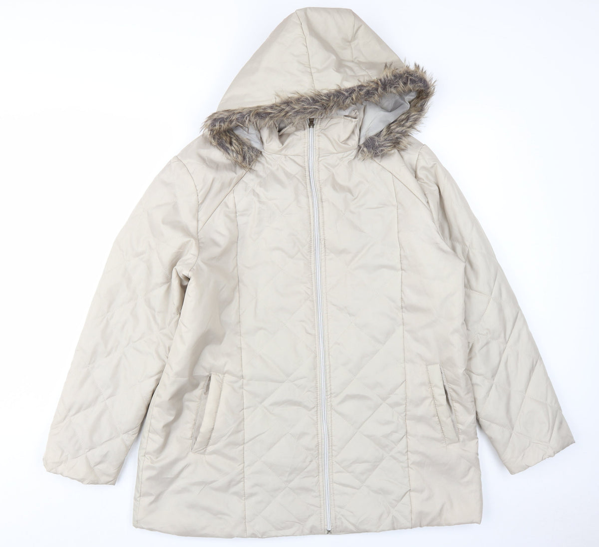 Additional front view of Anne De Lancay Women's Beige Puffer Coat M Hooded