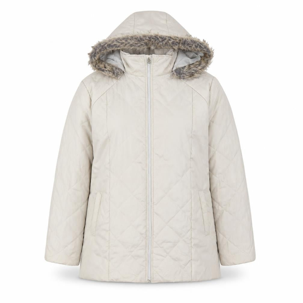 Front view of Anne De Lancay Women's Beige Puffer Coat M Hooded