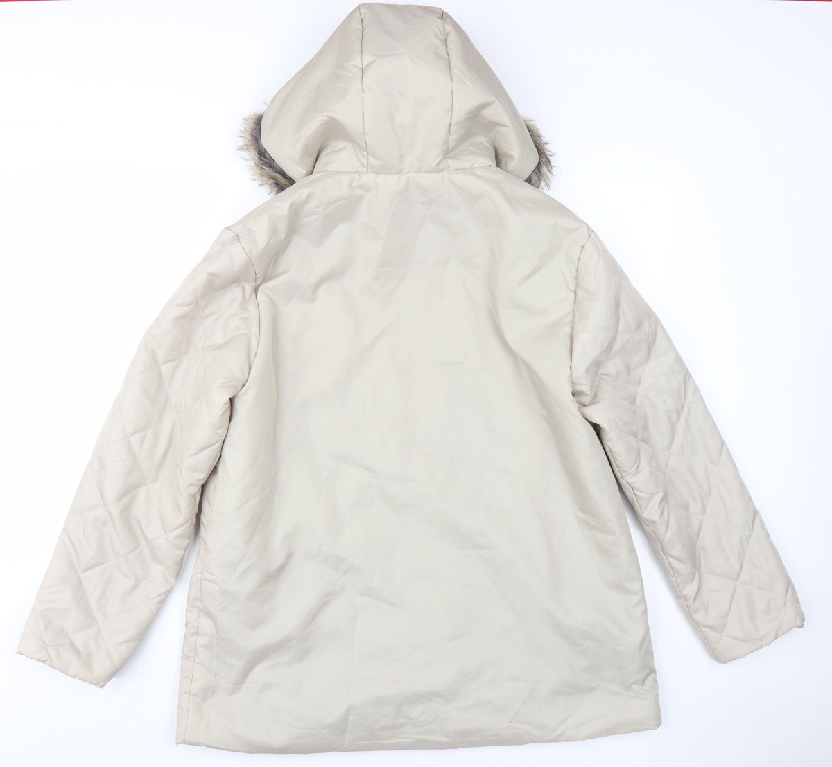 Back view of Anne De Lancay Women's Beige Puffer Coat M Hooded