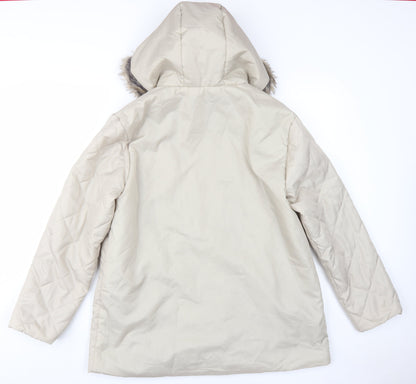 Back view of Anne De Lancay Women's Beige Puffer Coat M Hooded