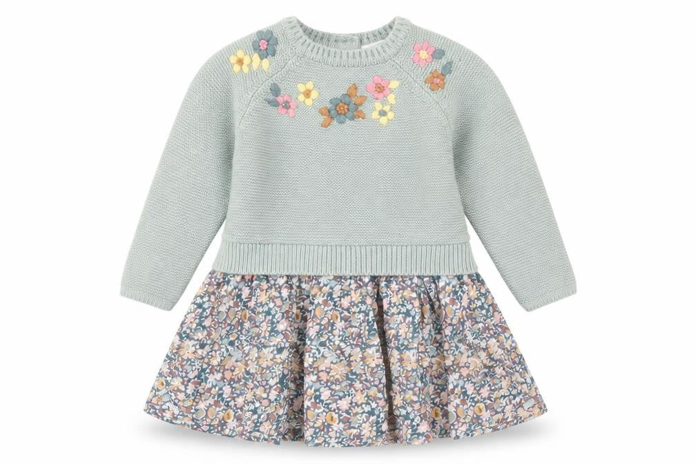 Next Girls Green Floral Knit Dress 3-6 Months, Long Sleeve