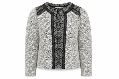 Front view of Miss Selfridge Women's Black Geometric Blazer, size 12