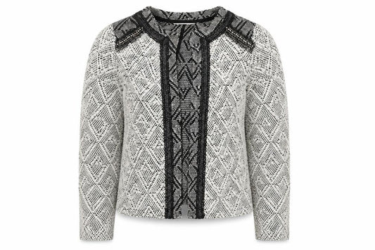 Front view of Miss Selfridge Women's Black Geometric Blazer, size 12