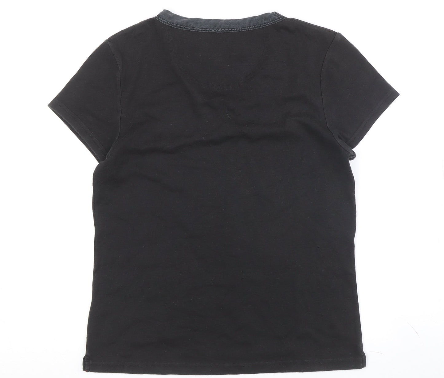Ken Women's Black V-Neck T-Shirt, Size M, Button Accent