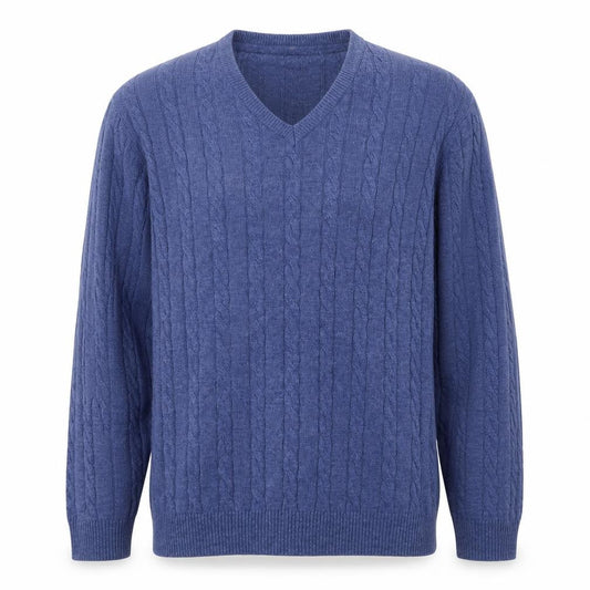 Cotton Traders Men's Blue V-Neck Cable Knit Jumper L